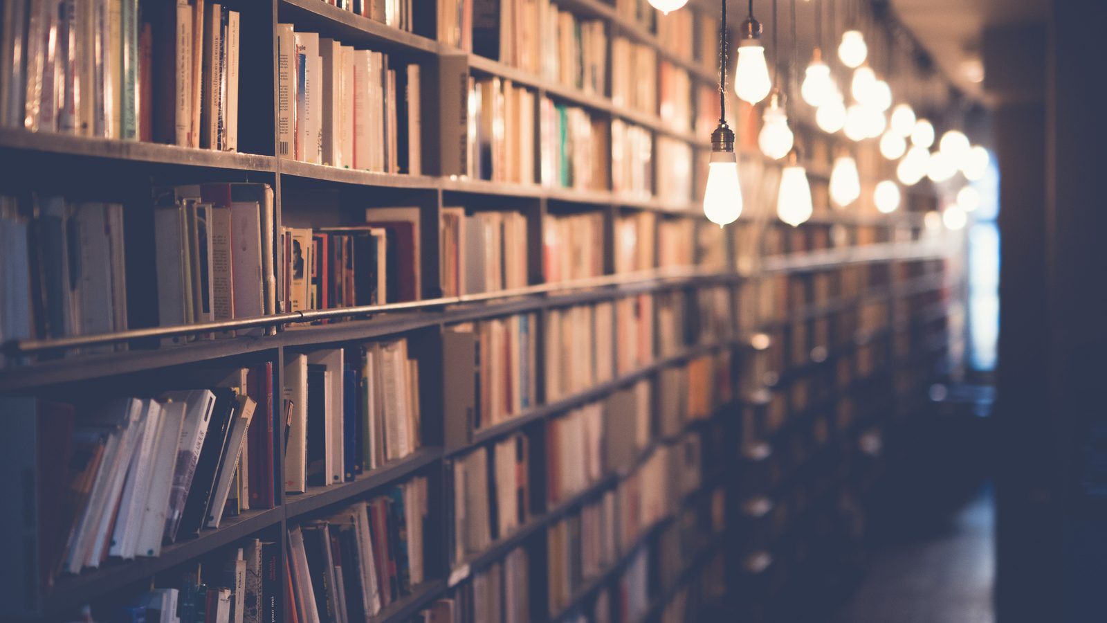 Pasillo de una biblioteca con estanterías de libros y bombillas encendidas, evocando la profundidad y el rigor del conocimiento académico